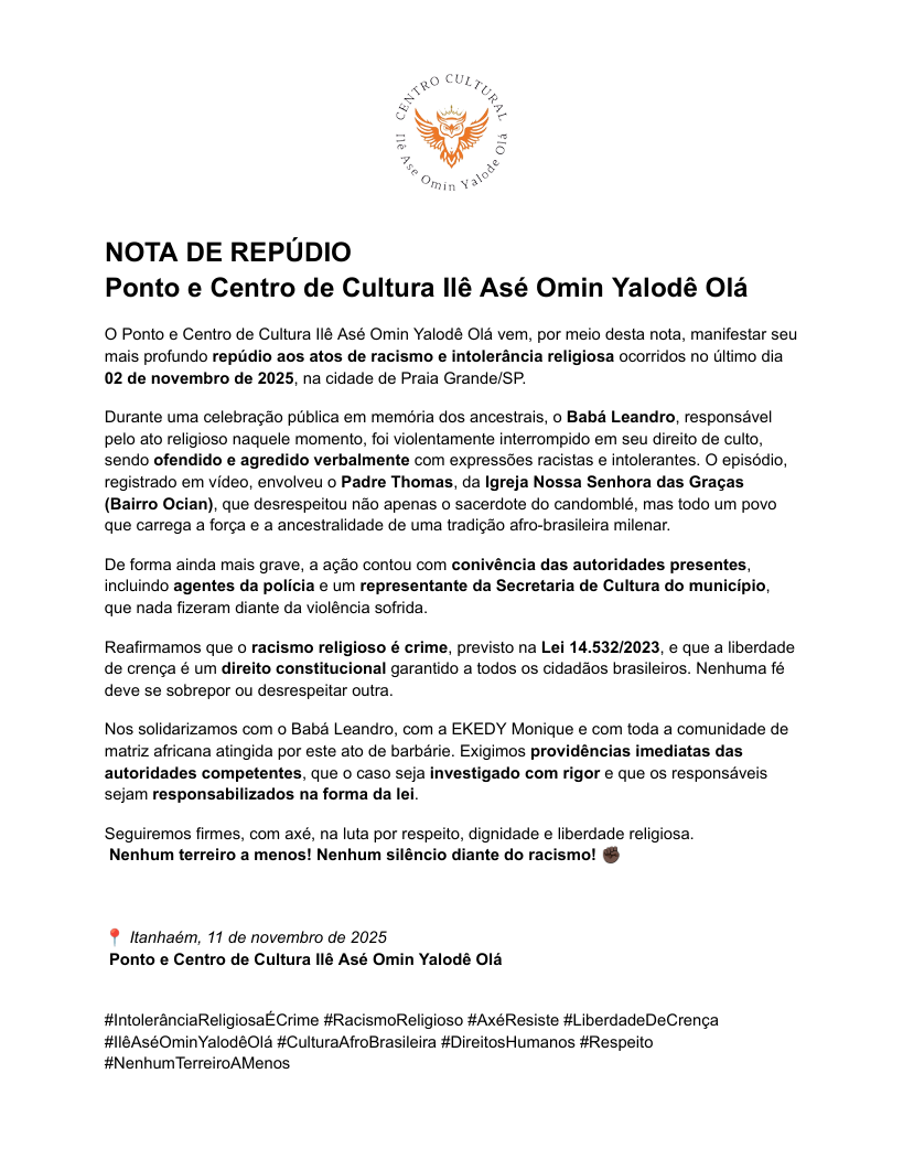 Ato de Racismo e Intolerância Religiosa Choca Praia Grande/SP